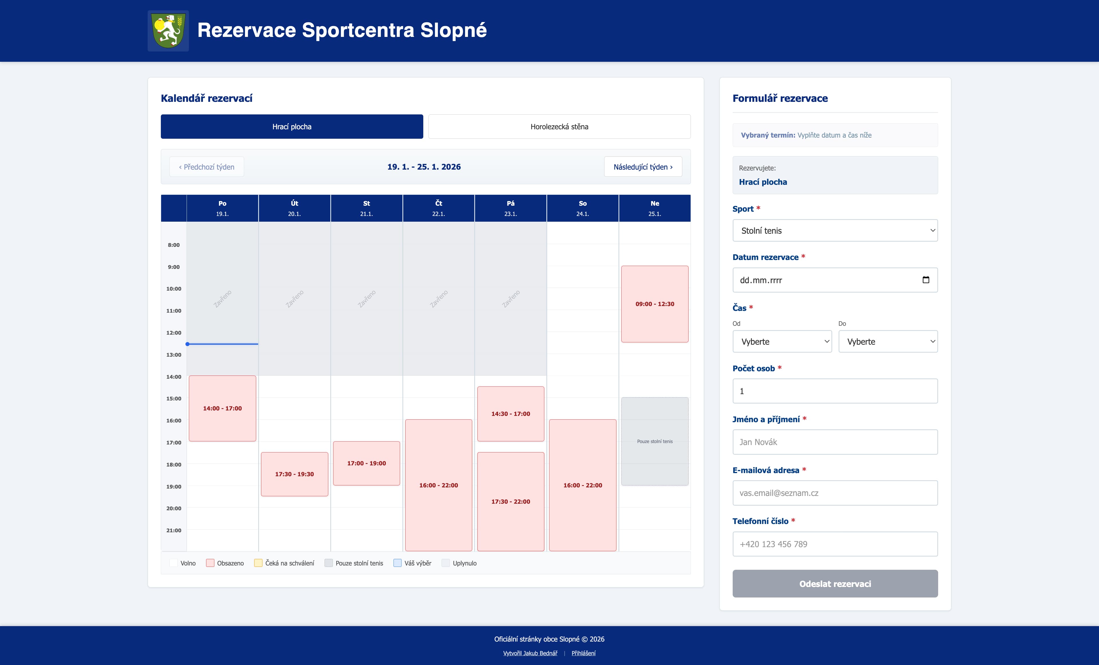 Rezervační systém - Sportcentrum Slopné